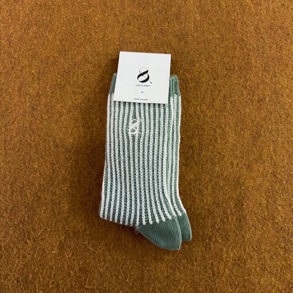 Lou & Grey Womens OS Green White Striped Ribbed Knit Crew Socks NWT